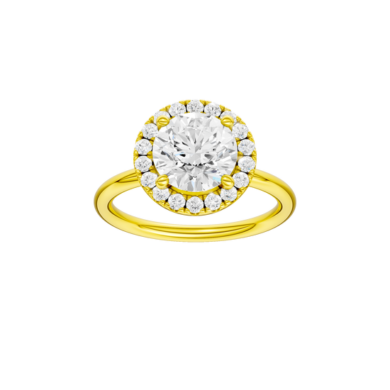 Round-cut diamond engagement ring with a plain band and halo setting.
