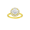 Round-cut diamond engagement ring with a plain band and halo setting.