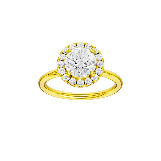 Round-cut diamond engagement ring with a plain band and halo setting.