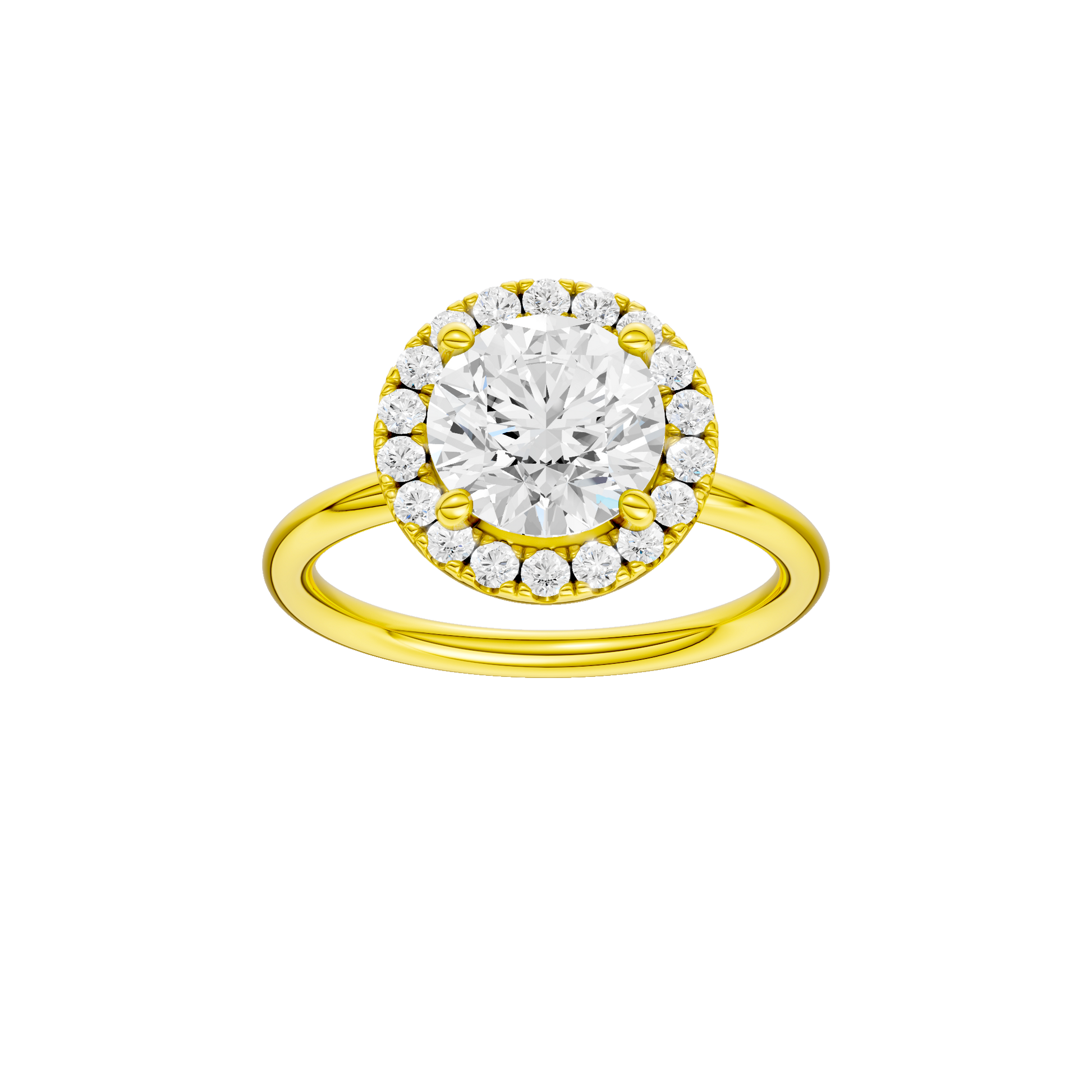 Round-cut diamond engagement ring with a plain band and halo setting.