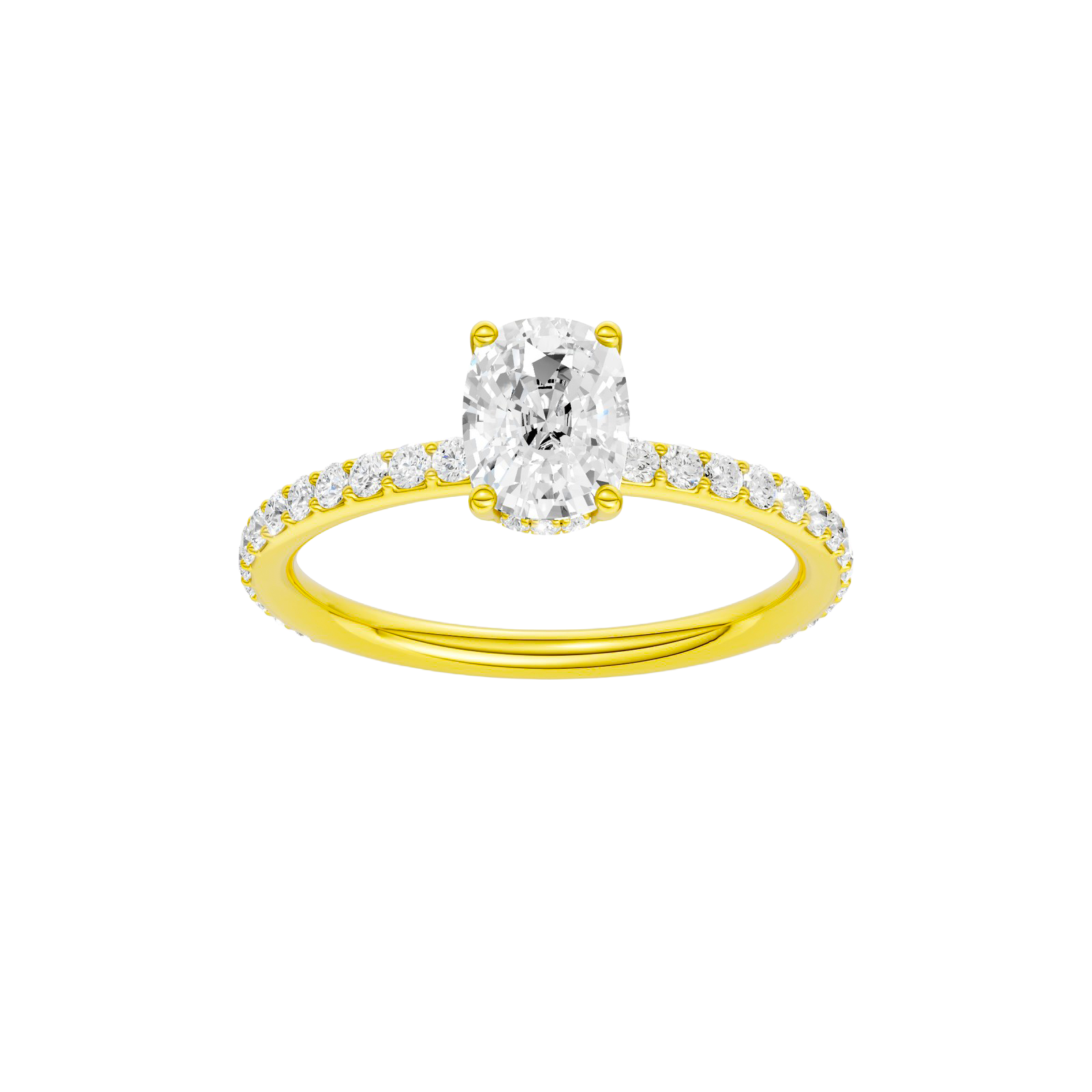 Elongated cushion-cut diamond engagement ring with a prong-set diamond band and hidden-halo setting.
