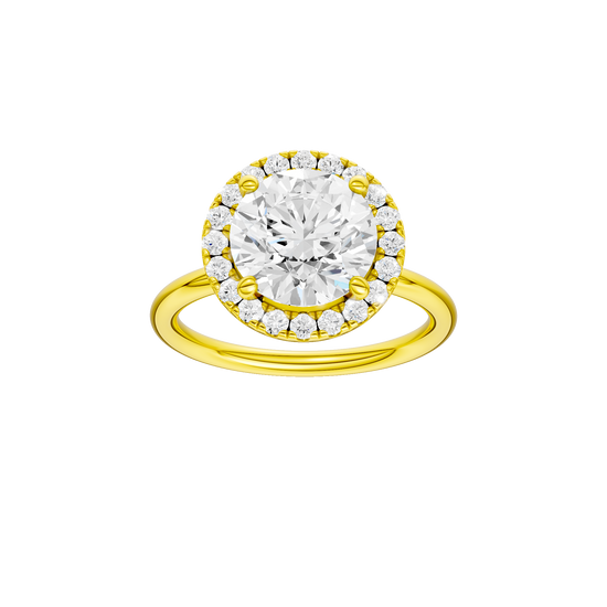 Round-cut diamond engagement ring with a plain band and halo setting.