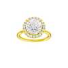 Round-cut diamond engagement ring with a plain band and halo setting.