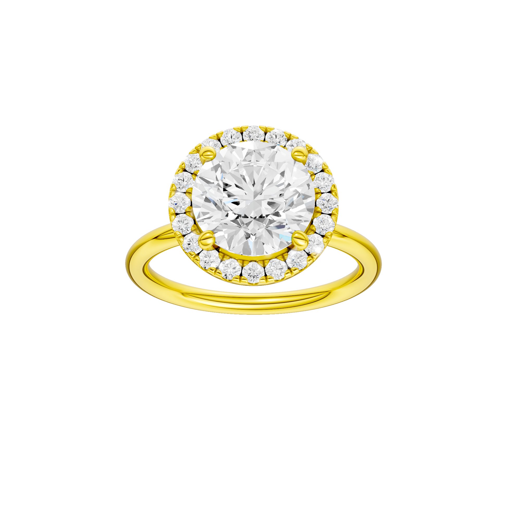 Round-cut diamond engagement ring with a plain band and halo setting.