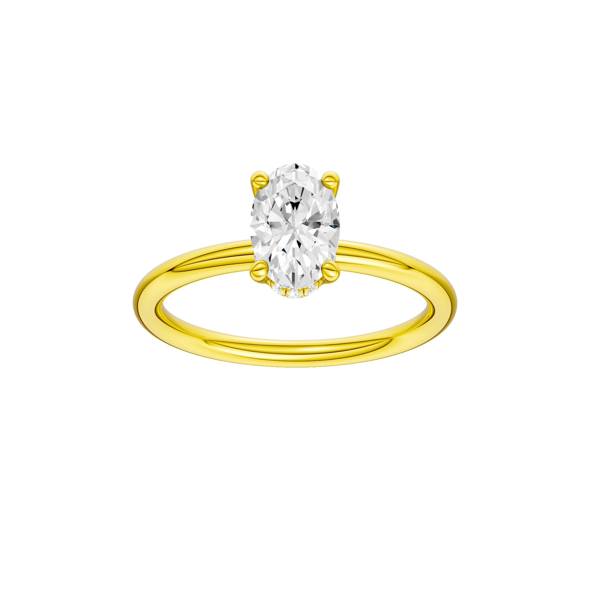Oval-cut diamond engagement ring with a plain band and hidden-halo setting.