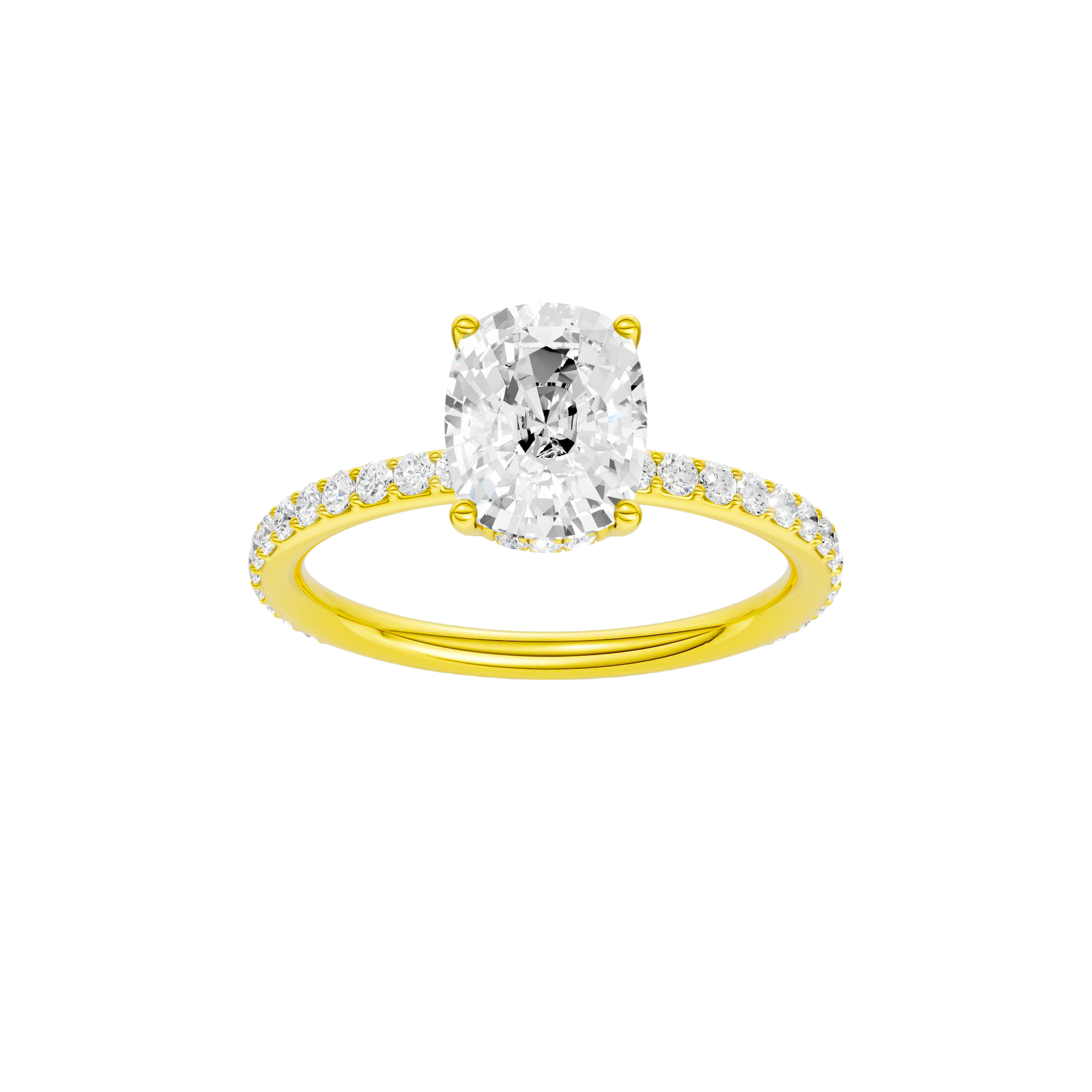 Elongated cushion-cut diamond engagement ring with a prong-set diamond band and hidden-halo setting.