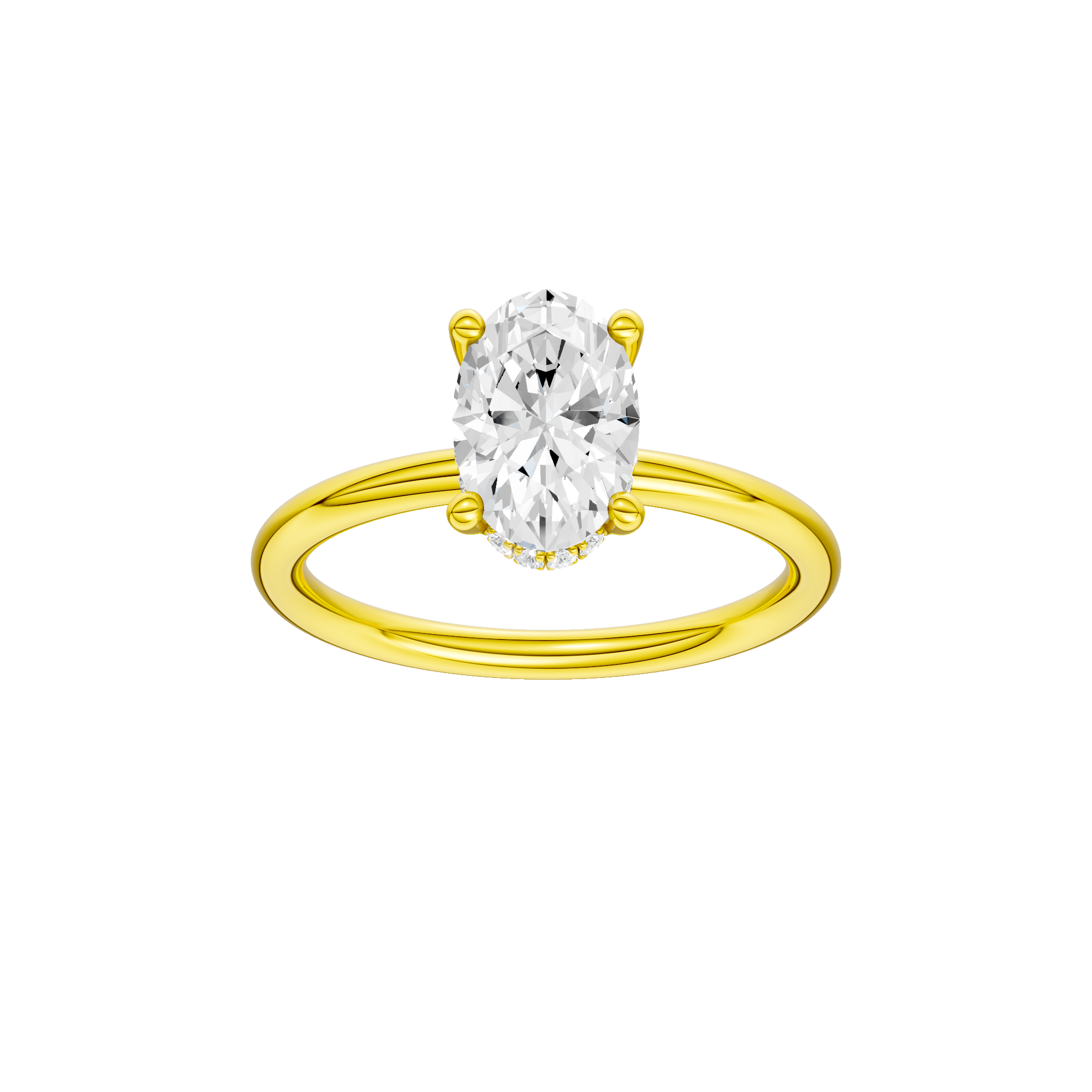 Oval-cut diamond engagement ring with a plain band and hidden-halo setting.