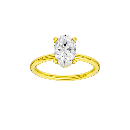 Oval-cut diamond engagement ring with a plain band and hidden-halo setting.