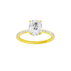 Elongated cushion-cut diamond engagement ring with a prong-set diamond band and hidden-halo setting.