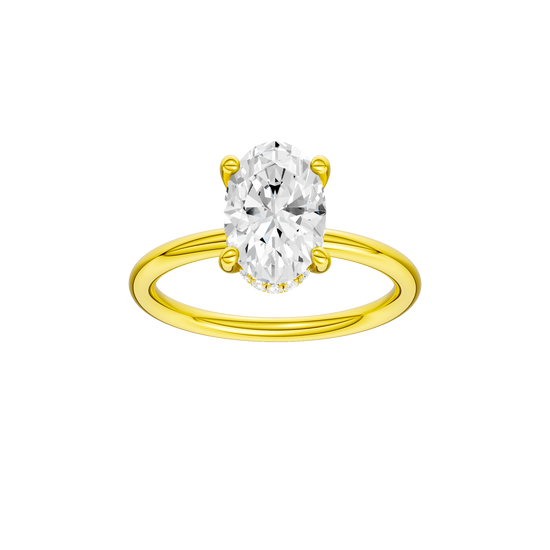 Oval-cut diamond engagement ring with a plain band and hidden-halo setting.
