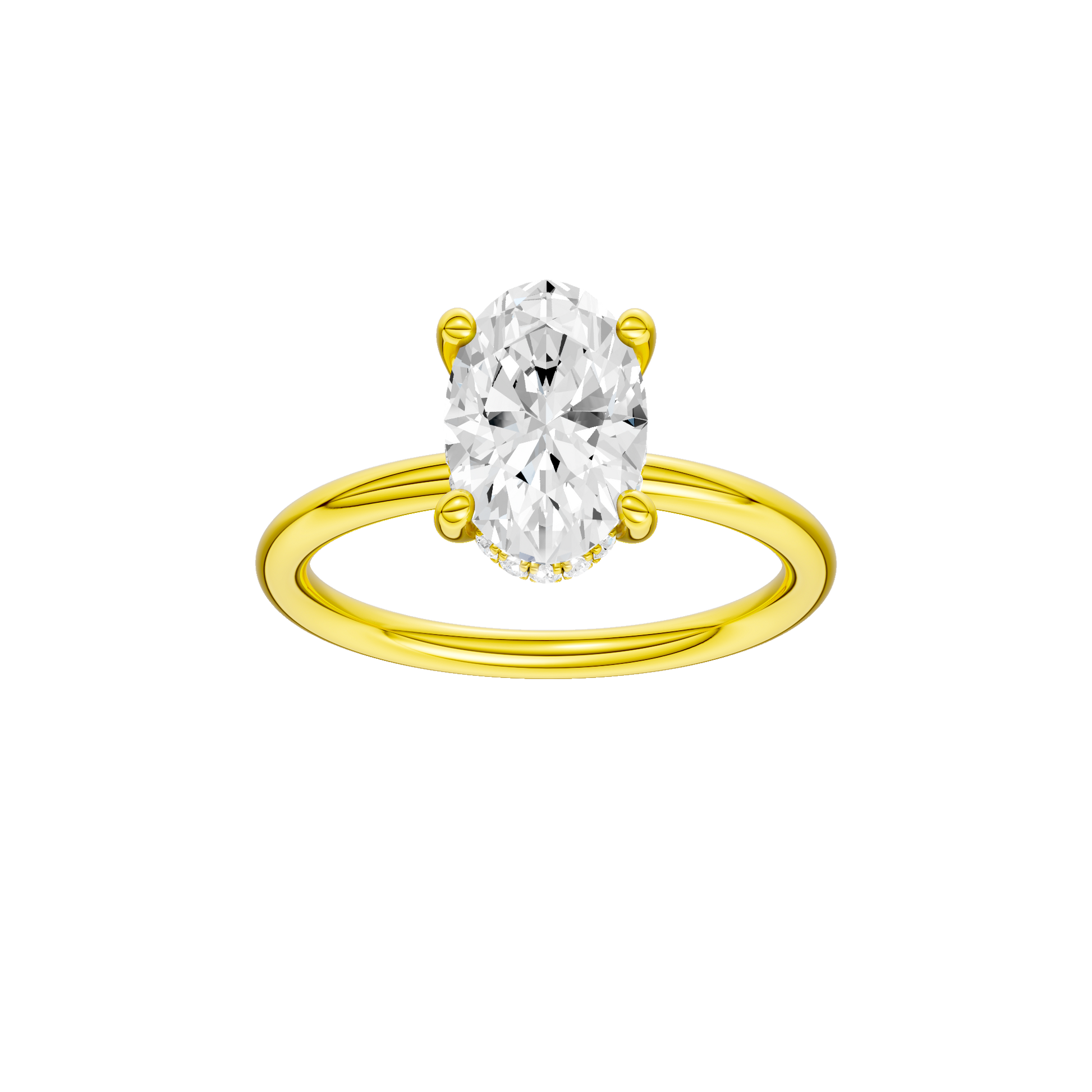 Oval-cut diamond engagement ring with a plain band and hidden-halo setting.
