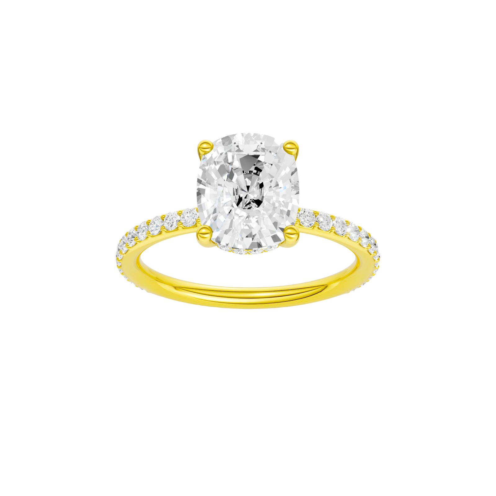Elongated cushion-cut diamond engagement ring with a prong-set diamond band and hidden-halo setting.