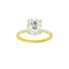 Elongated cushion-cut diamond engagement ring with a prong-set diamond band and hidden-halo setting.