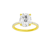 Elongated cushion-cut diamond engagement ring with a prong-set diamond band and hidden-halo setting.