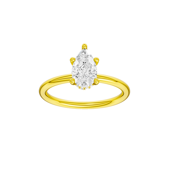 Pear-cut diamond engagement ring with a plain band and hidden-halo setting.