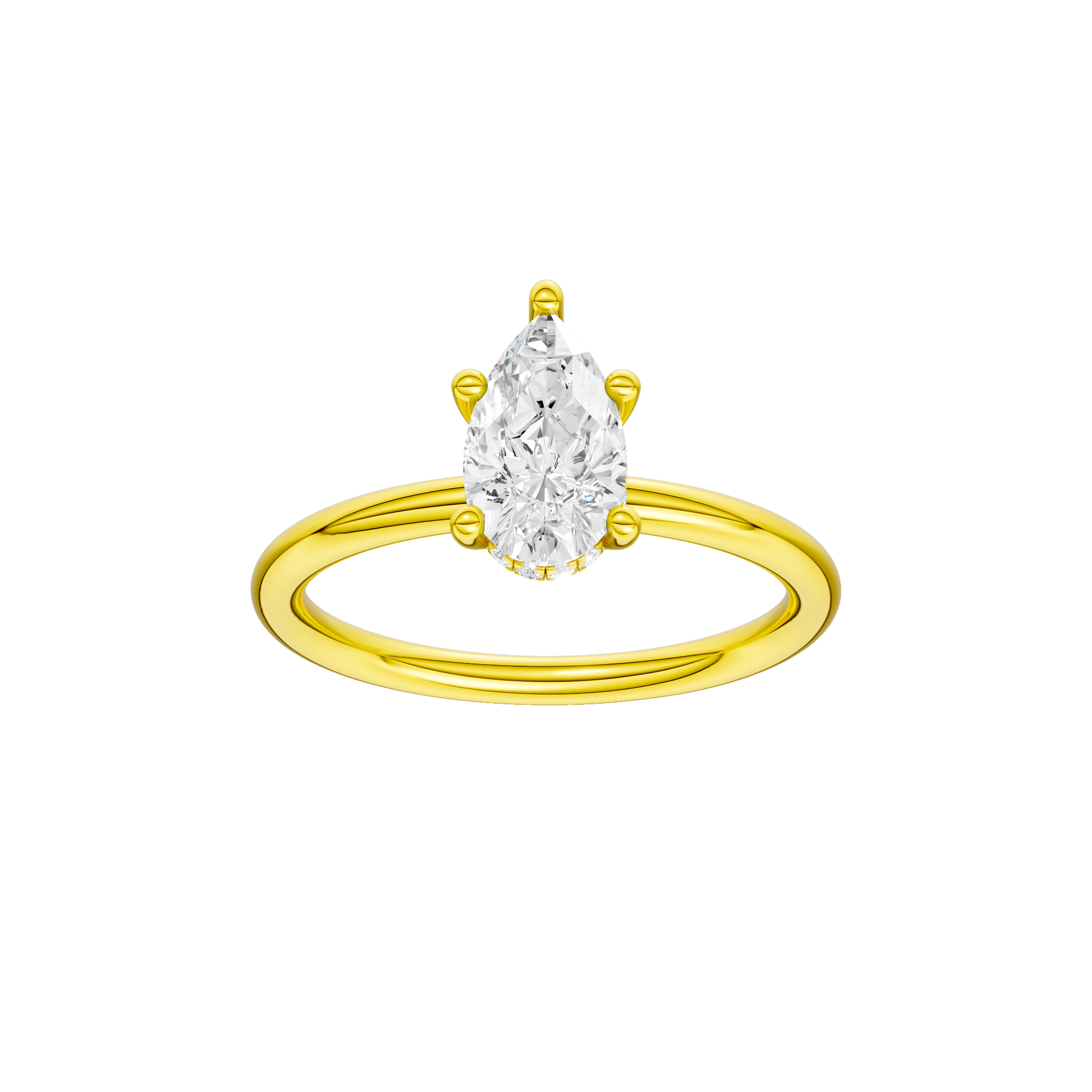 Pear-cut diamond engagement ring with a plain band and hidden-halo setting.