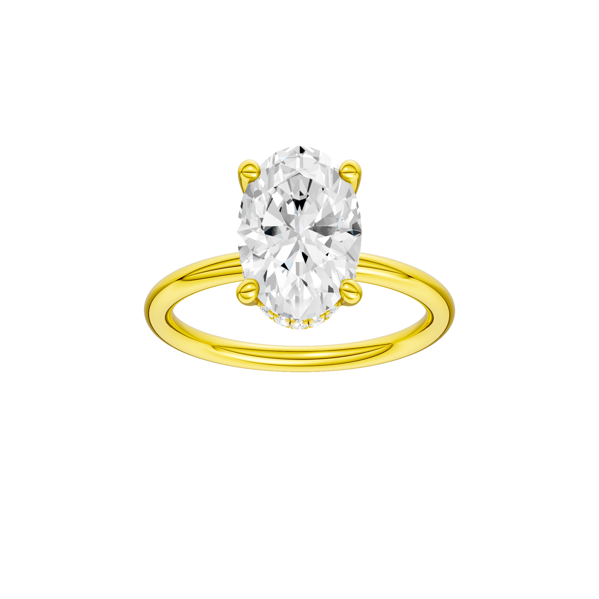 Oval-cut diamond engagement ring with a plain band and hidden-halo setting.