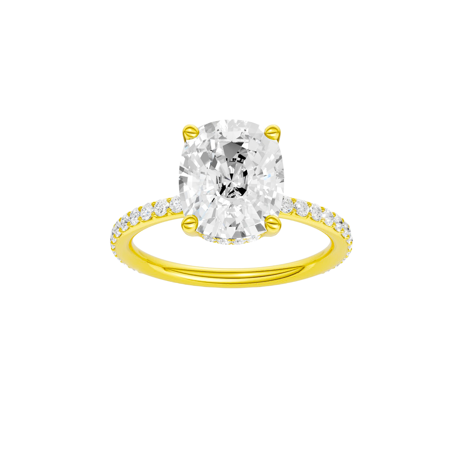 Elongated cushion-cut diamond engagement ring with a prong-set diamond band and hidden-halo setting.