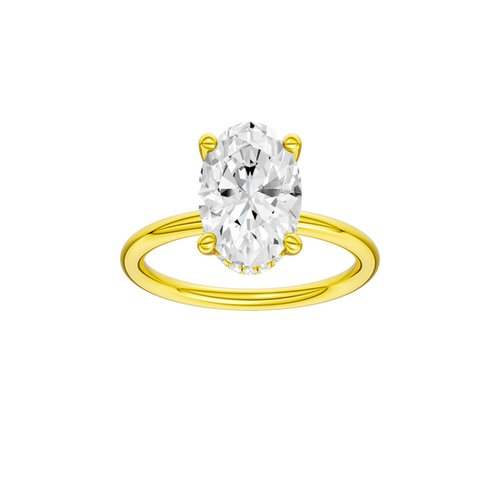Oval-cut diamond engagement ring with a plain band and hidden-halo setting.