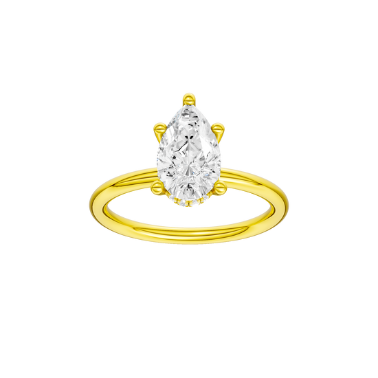 Pear-cut diamond engagement ring with a plain band and hidden-halo setting.