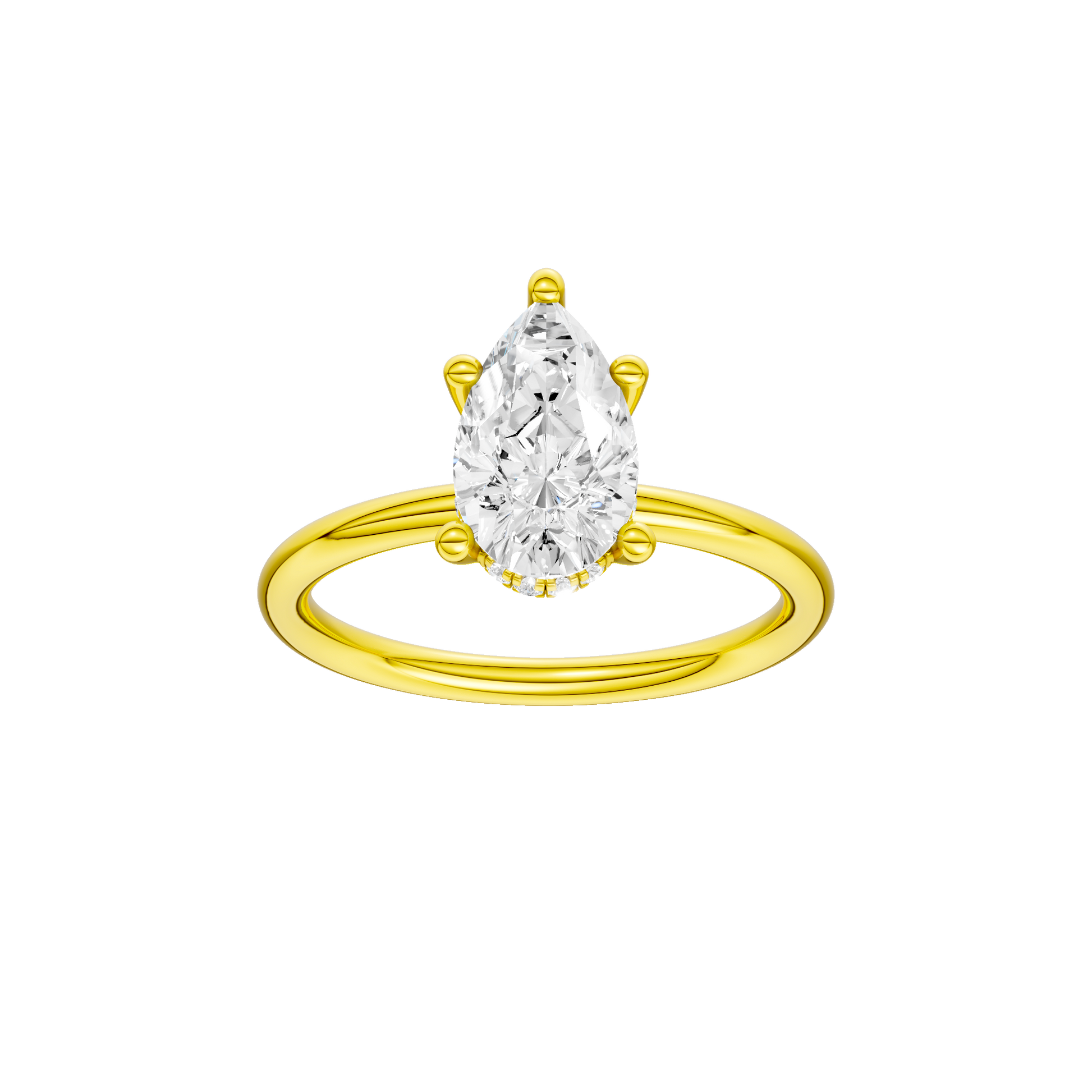 Pear-cut diamond engagement ring with a plain band and hidden-halo setting.