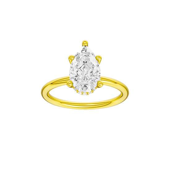 Pear-cut diamond engagement ring with a plain band and hidden-halo setting.