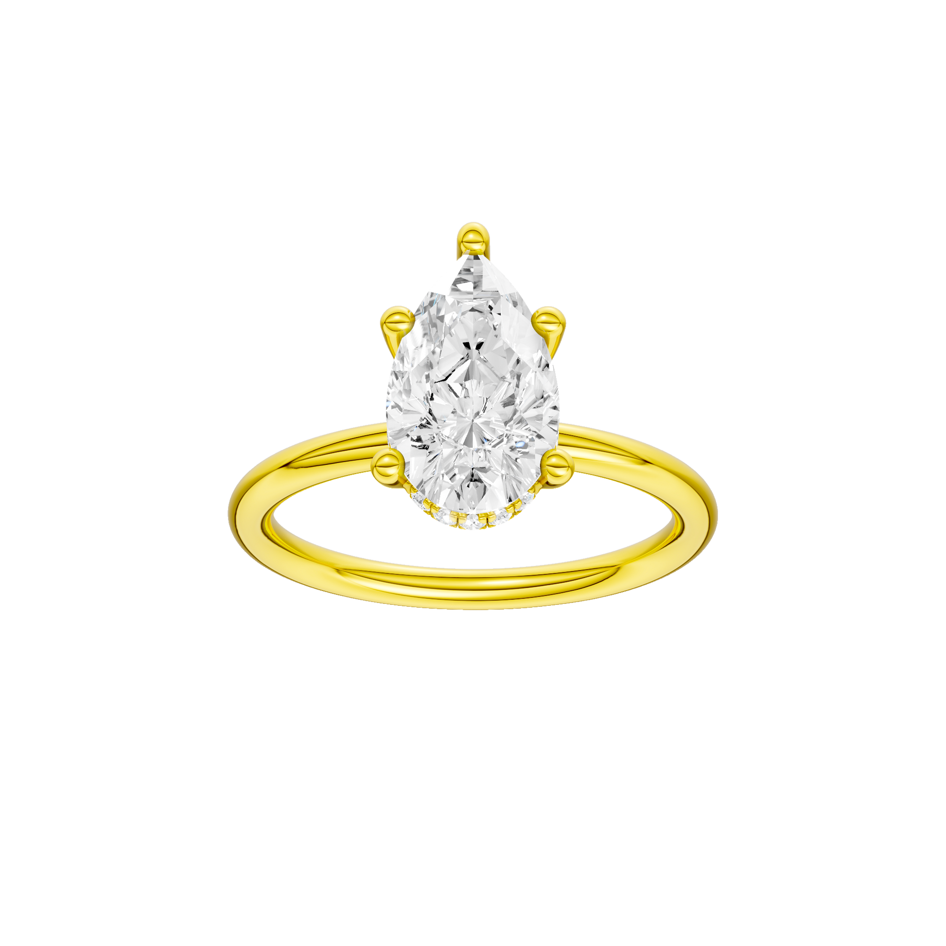 Pear-cut diamond engagement ring with a plain band and hidden-halo setting.