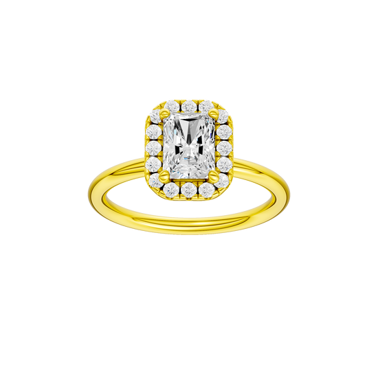Radiant-cut diamond engagement ring with a plain band and halo setting.