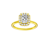 Radiant-cut diamond engagement ring with a plain band and halo setting.