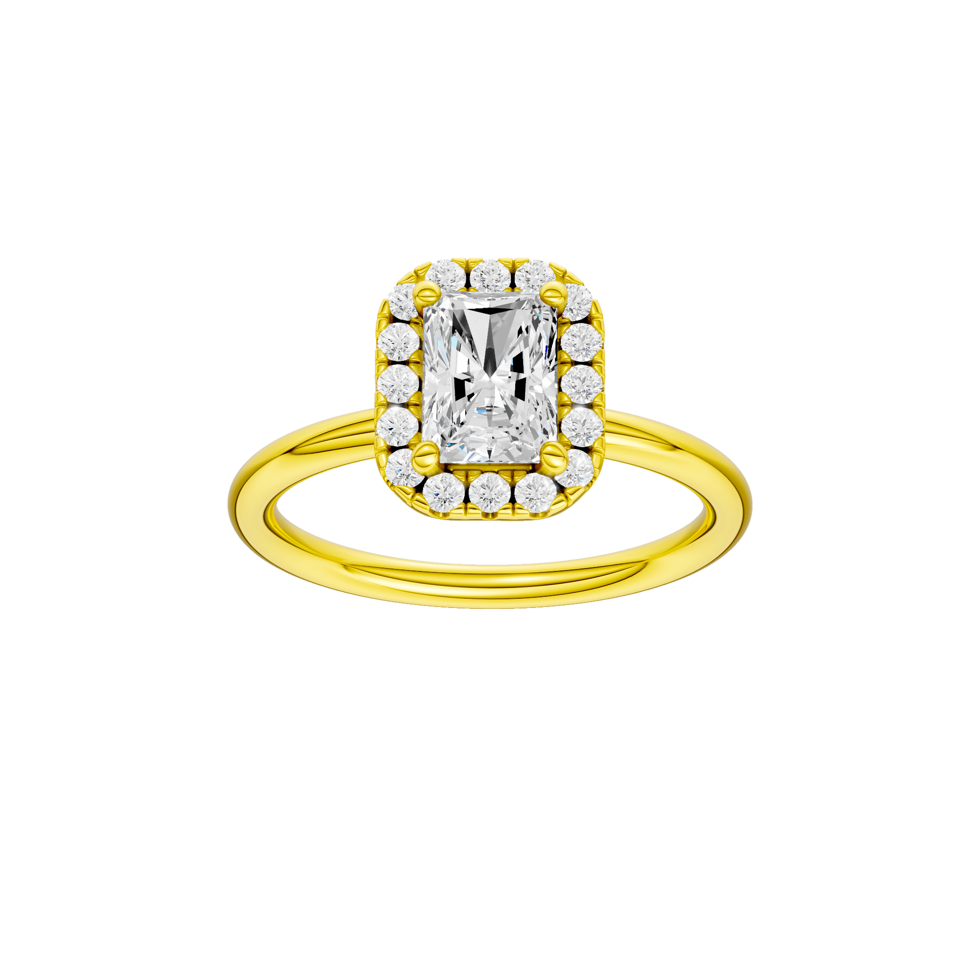 Radiant-cut diamond engagement ring with a plain band and halo setting.