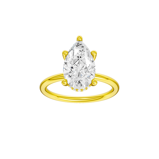 Pear-cut diamond engagement ring with a plain band and hidden-halo setting.