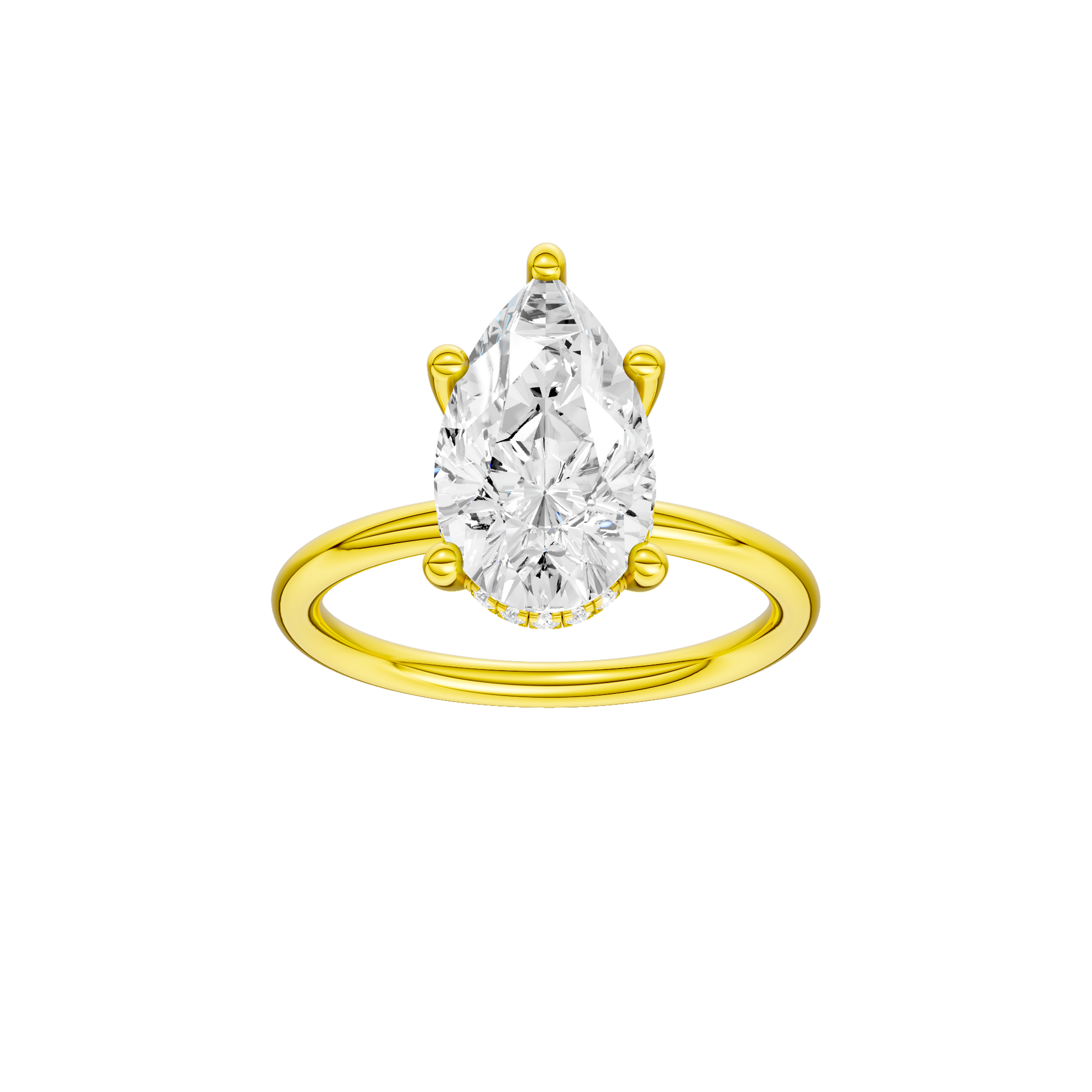 Pear-cut diamond engagement ring with a plain band and hidden-halo setting.