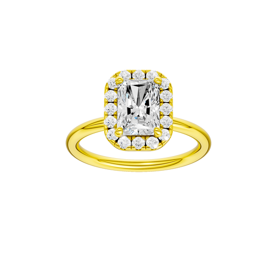 Radiant-cut diamond engagement ring with a plain band and halo setting.