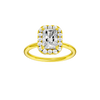 Radiant-cut diamond engagement ring with a plain band and halo setting.