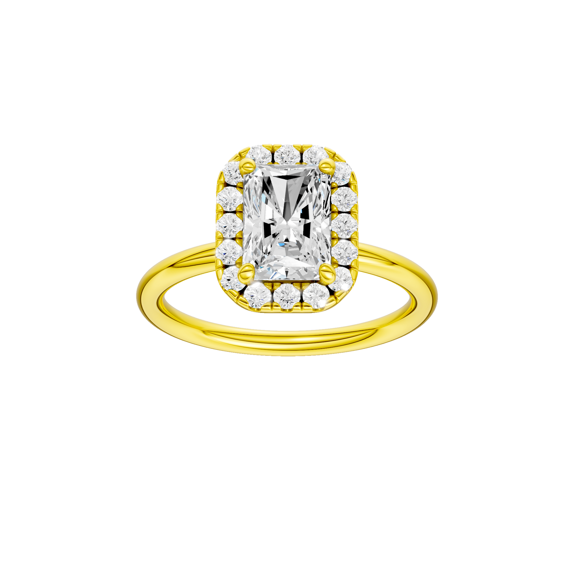 Radiant-cut diamond engagement ring with a plain band and halo setting.