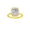 Radiant-cut diamond engagement ring with a plain band and halo setting.