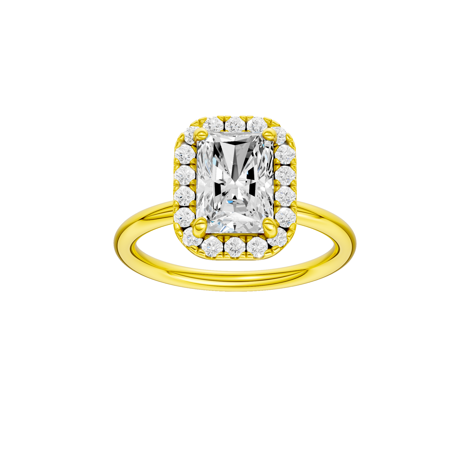 Radiant-cut diamond engagement ring with a plain band and halo setting.
