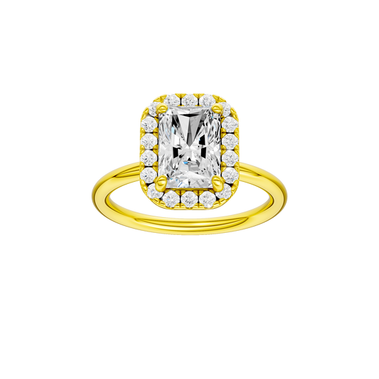 Radiant-cut diamond engagement ring with a plain band and halo setting.