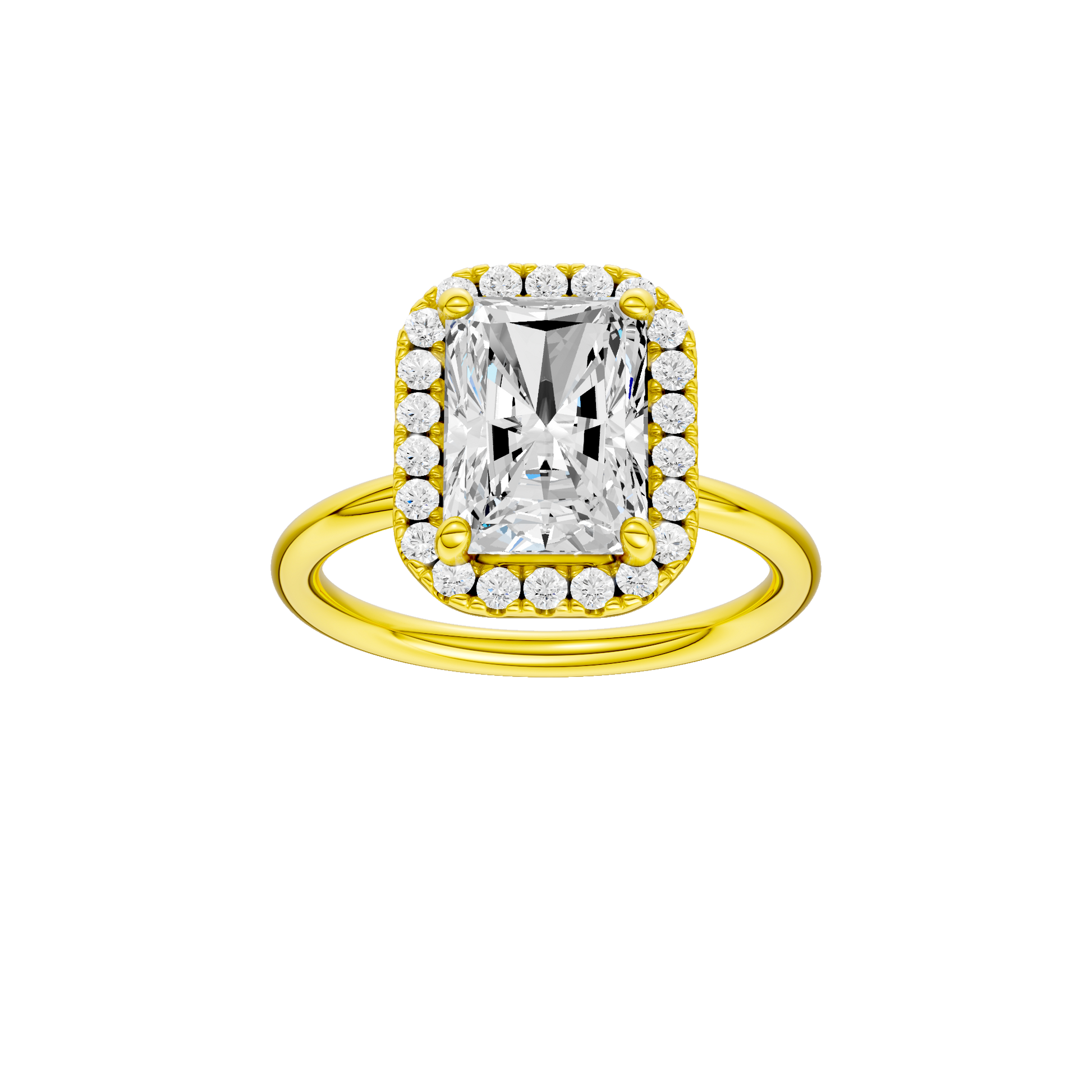 Radiant-cut diamond engagement ring with a plain band and halo setting.