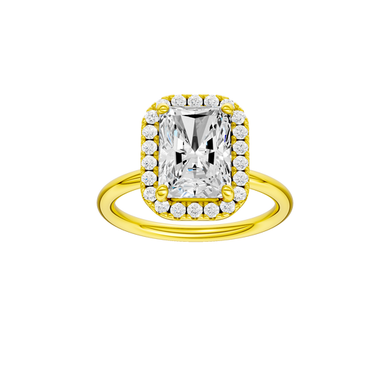 Radiant-cut diamond engagement ring with a plain band and halo setting.