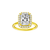 Radiant-cut diamond engagement ring with a plain band and halo setting.