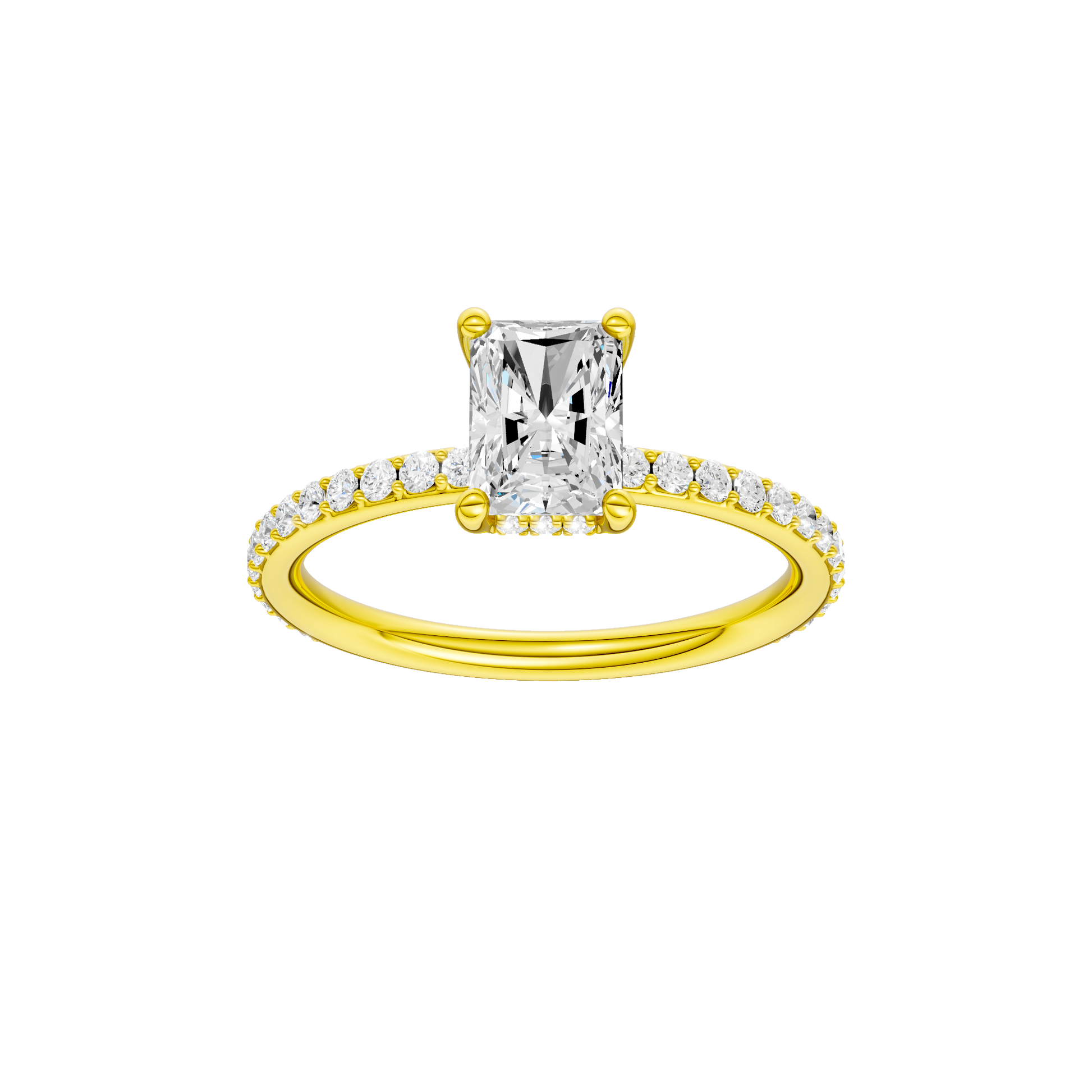 Radiant-cut diamond engagement ring with a prong-set diamond band and hidden-halo setting.