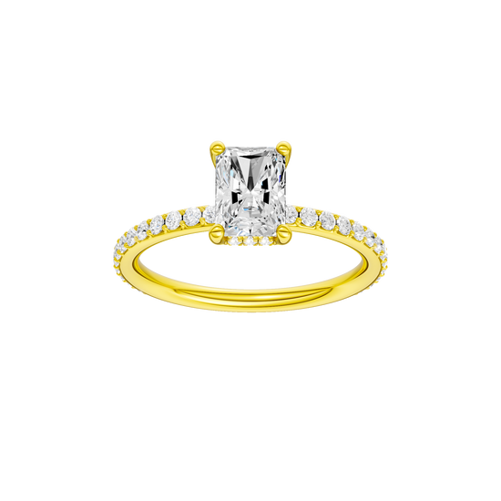 Radiant-cut diamond engagement ring with a prong-set diamond band and hidden-halo setting.