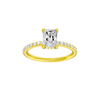Radiant-cut diamond engagement ring with a prong-set diamond band and hidden-halo setting.