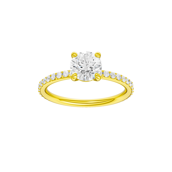 Round-cut diamond engagement ring with a prong-set diamond band and solitaire setting.