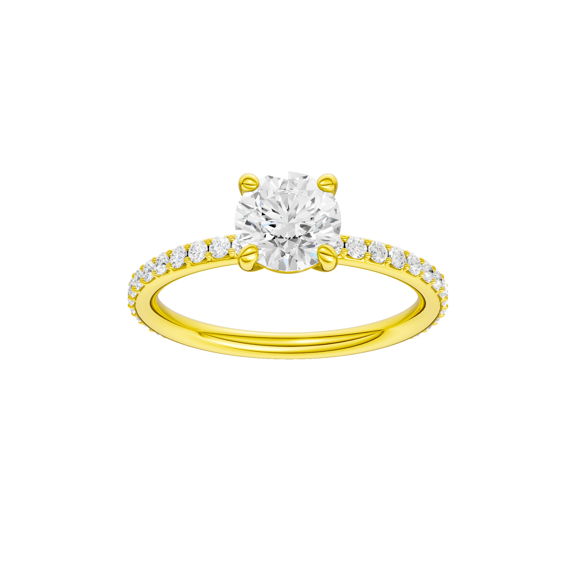 Round-cut diamond engagement ring with a prong-set diamond band and solitaire setting.