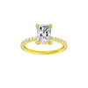 Radiant-cut diamond engagement ring with a prong-set diamond band and hidden-halo setting.