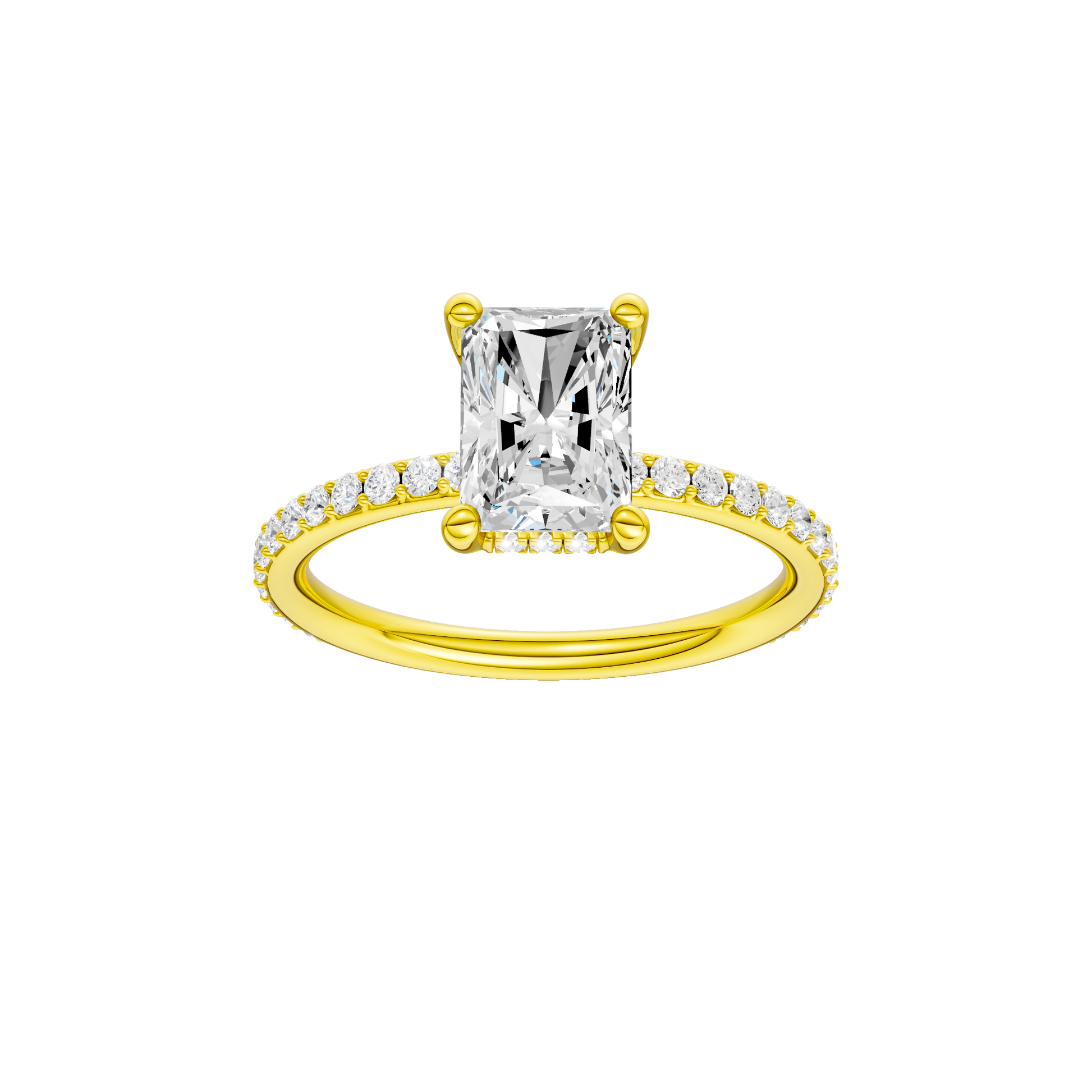 Radiant-cut diamond engagement ring with a prong-set diamond band and hidden-halo setting.