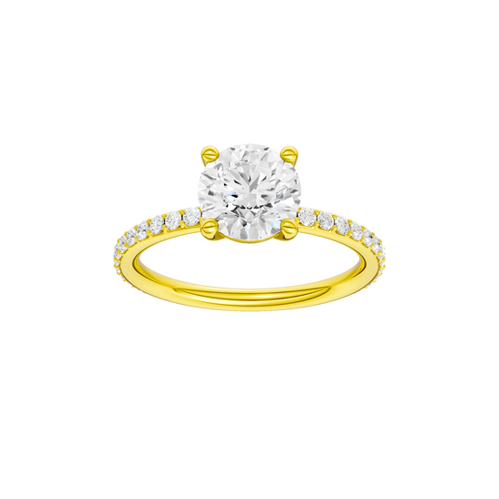 Round-cut diamond engagement ring with a prong-set diamond band and solitaire setting.