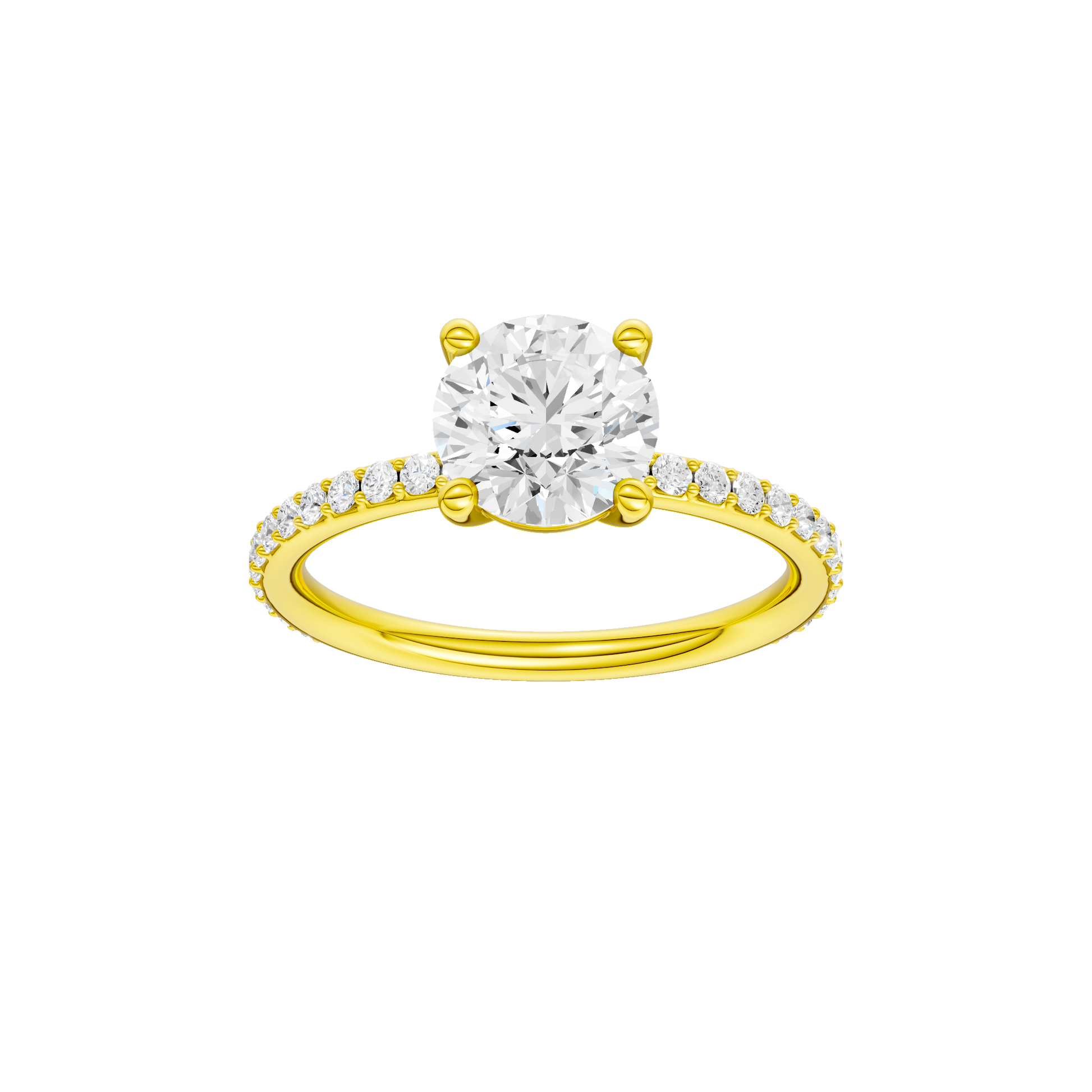 Round-cut diamond engagement ring with a prong-set diamond band and solitaire setting.